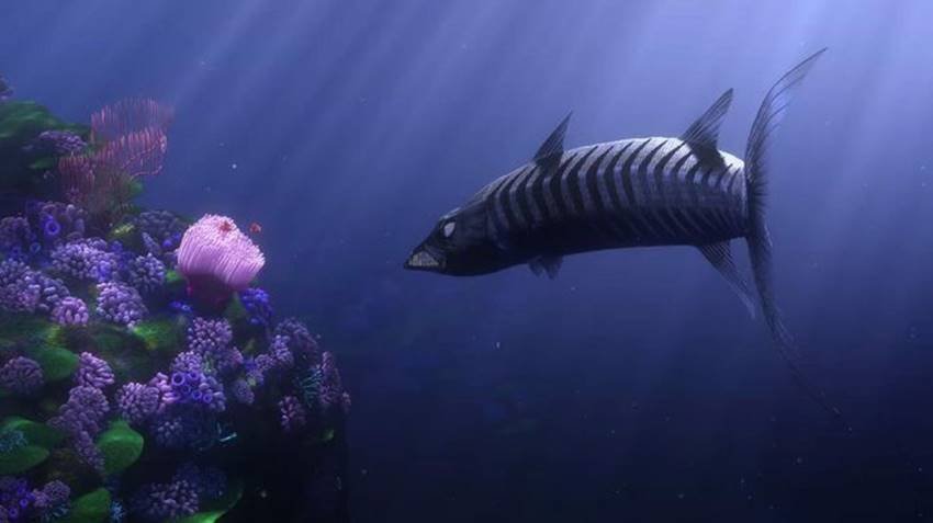 Marlin y Coral atentos al ataque de la barracuda en Buscando a Nemo